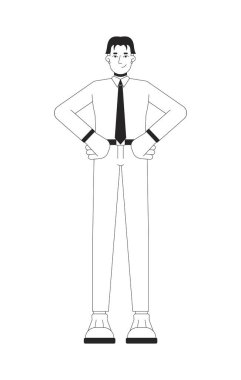 Gömlekli Asyalı iş adamı elleri kalçasında, siyah-beyaz 2D çizgi karakteri var. Ofis çalışanı erkek modern profesyonel izole vektör çizen kişi. Monokromatik nokta çizimi