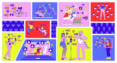 Sosyal medya bento ızgara illüstrasyon seti. Popüler blog yazarları ve etkileyiciler 2D vektör resim kolajı grafik koleksiyonu. Çeşitli insanlar içerik düz karakterler moodboard düzeni oluşturuyorlar