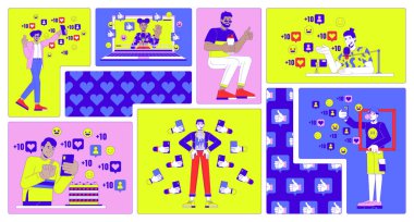 Sosyal medya bento ızgara illüstrasyon setinde popülerlik. 2D vektör resim kolaj grafik koleksiyonunu beğenme ve tepkiler toplamak. Nüfuz Edici Kariyer Düz Karakterler Moodboard düzeni