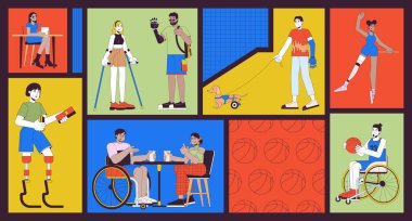 Engelliler bento ızgara illüstrasyon seti. Eşitlik ve kapsama 2D vektör resim kolajı grafik koleksiyonu. Özürlü yetişkinler düz karakterler moodboard düzeni
