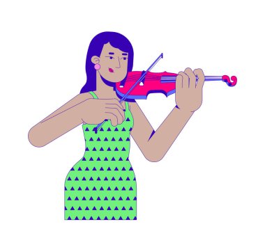 Eski moda elbiseli Hintli kadın tutku dolu 2D çizgi film karakteriyle keman çalıyor. Müzikal yetenek. Klasik müzisyen kadın izole edilmiş beyaz arka planda düz insan vektörü. Benek illüstrasyonu renkli