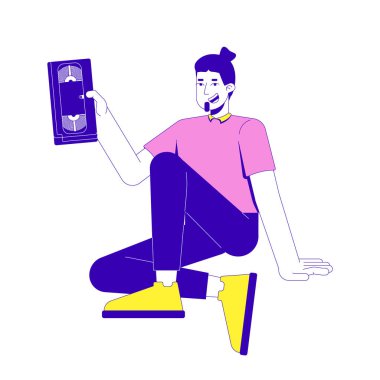 Sakallı adam sıradan oturuyor, elinde VHS kaset 2D çizgi film karakteri var. Retro ortam. Nostaljik sinemacı beyaz adam beyaz arka planda yassı vektörü izole etti. Benek illüstrasyonu renkli