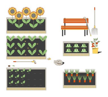 Yükseltilmiş yatakları olan toplum bahçesi 2D vektör illüstrasyonu. Bastonlu bank, uyuyan kedi. Ayçiçekleri, yapraklı yeşiller, domatesler, beyaz arka planda izole edilmiş havuçlar. Renkli çizgi film resmi