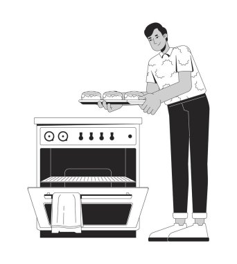 Güney Asyalı adam tarçınlı ruloları siyah-beyaz 2D çizgi karakterinden çıkarıyor. Yemek pişirme hobisi. Hintli erkek fırın meraklısı izole vektör taslak kişi. Monokromatik nokta çizimi