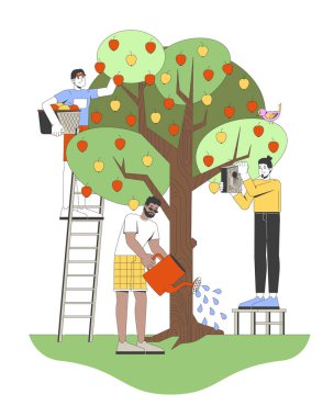 Topluluk elma hasadı 2D vektör çizimi. Sulama ağacı, kuş evi. Elma ağacından meyve toplayan çeşitli insanlar beyaz arka planda izole edilmiş düz karakterler. Renkli çizgi film resmi