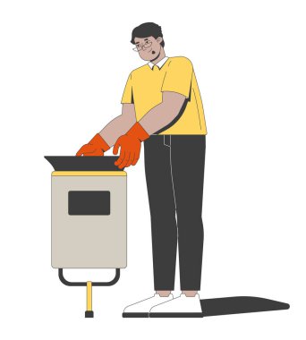 Eldivenli Arap adam çöp torbasını 2D çizgi film karakterinden kaldırıyor. Temizlik görevi, çöp toplama. Temizlik işçisi erkek, düz taşıyıcı, beyaz tenli. Benek illüstrasyonu renkli