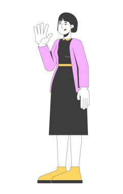 Siyah elbiseli Koreli kadın kendine güvenen bir ifadeyle 2D çizgi film karakteri sallıyor. Dost canlısı karşılama, Asyalı kadın gündelik şık düz vektör kişi beyaz üzerinde izole. Benek illüstrasyonu renkli