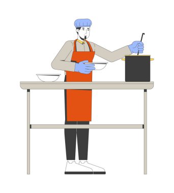 Erkek gönüllü şef yemek hazırlıyor ve 2D çizgi film karakteri servis ediyor. Önlüklü ve eldivenli beyaz bir adam, karıştırma kabı, beyaz tencereye izole edilmiş düz taşıyıcı. Benek illüstrasyonu renkli
