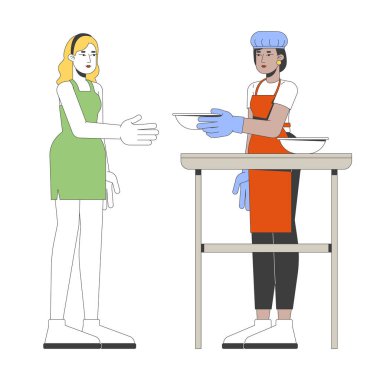 Hayır etkinliği 2D çizgi film karakterlerinde yemek servisi yapan gönüllü bir kadın. Kamu hizmeti, aşevi. Beslenmek, başkalarına yardım etmek, beyazı izole eden düz vektörler. Benek illüstrasyonu renkli