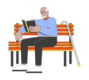 Yaşlı bir adam parkta kitap okumaktan zevk alıyor. 2D çizgi film karakteri. Emeklilik hayatı. Gözlüklü, bastonlu, düz vektör okuyan, beyaz tenli Arap bir erkek. Benek illüstrasyonu renkli