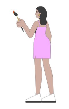 Hintli kadın pembe elbiseli, 2D çizgi film karakteri. Yaratıcı tutku. Güney Asyalı kızın elinde boya fırçası ve beyaz üzerine izole edilmiş boyalı düz taşıyıcı var. Benek illüstrasyonu renkli