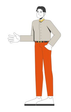 2D çizgi film karakterini karşılamak için iş kıyafeti giymiş Koreli bir adam. Özgüven, dostluk, beyazı izole edilmiş kişiliği hoş karşılayan düz vektör kişi. Benek illüstrasyonu renkli