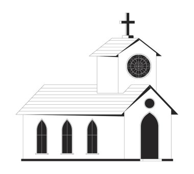 Geleneksel kilise pencereleri 2D hat nesneleri inşa ediyor. Hristiyan inanç ibadethanesi. Çan kulesi haçı, dini mimari yalıtılmış klepart vektör mürekkep ana hatları öğesi. Tek renkli nokta illüstrasyonu