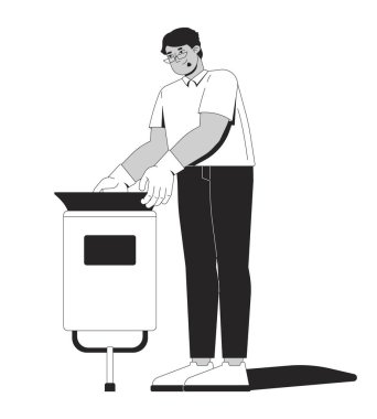 Eldivenli bir Arap çöp torbasını 2D çizgi karakterinden kaldırıyor. Temizlik görevi, çöp toplama. Temizlik işçisi erkek vektör izole edilmiş. Monokromatik nokta çizimi