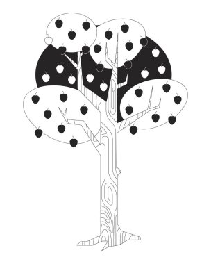 Elma ağacı 2D çizgi nesnesi. Elma ağacı doğası. Organik tarım, kırsal meyve bahçesi ve taze meyveler. Mevsimlik hasat izole edilmiş Clipart vektör mürekkep ana hatları öğesi. Tek renkli nokta illüstrasyonu