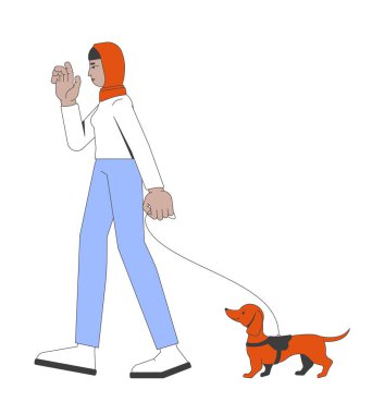 Müslüman tesettürlü kadın köpeğini tasmalı 2D çizgi film karakteri ile gezdiriyor. Evcil hayvan arkadaşlığı. Günlük rutin. Başörtülü kız, beyazı izole edilmiş, yassı vektör gibi rahatlamış. Benek illüstrasyonu renkli