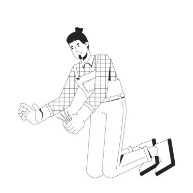 Erkek çiftçi diz çöküp otları temizliyor. 2D çizgi karakteri. Tulumlu, ekose gömlekli, tarımcı, yabani otları temizleyen izole vektör mürekkebi olan kişi. Monokromatik nokta çizimi