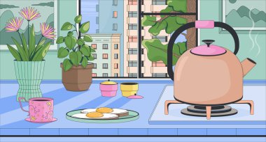 Cozy morning kitchen with breakfast and boiling kettle lofi wallpaper. Fried eggs toasts, houseplants by window 2D cartoon flat illustration. Vector art image lo fi aesthetic color background clipart