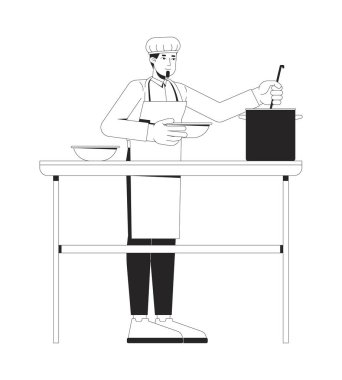 Erkek gönüllü şef yemek hazırlıyor ve 2D çizgi karakteri sunuyor. Önlük ve eldiven giymiş beyaz bir adam, karıştırma kabı, izole edilmiş vektör mürekkebi tutan kişi. Monokromatik nokta çizimi
