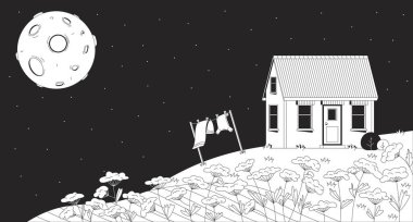 Tranquil night countryside with house and moon lofi illustration outline. Dreamy rural cottage on rolling hill under moonlit sky 2D ink linear flat lo fi drawing. Vector line art aesthetic wallpaper clipart