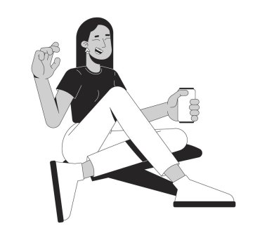 Rahat Ortadoğulu kadın 2D çizgi karakteri ile eğleniyor. Esmer kadın elinde meşrubat tutarken mutlu bir şekilde izole edilmiş vektör mürekkebi taşıyan kişiye gülebilir. Monokromatik nokta çizimi