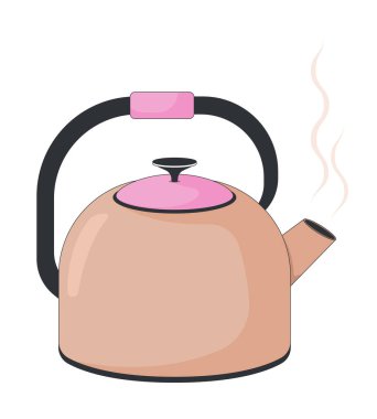 Buharlı soba ısıtıcısı, 2D karikatür nesnesi. Ev konforu, mutfak gerekliliği, çay hazırlığı. Kaynar su. Mutfak gereçleri çaydanlığı beyaz üzerine izole edilmiş element düz vektör klipsleme sanatı. Benek illüstrasyonu