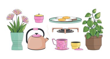 Lo-Fi estetik 2D karikatür setindeki rahat mutfak eşyaları. Çaydanlık, kızarmış yumurta tabağı, saksı bitkileri, gaz sobası, izole çay fincanı beyaz üzerine düz vektör klipsleme sanatı. Benek illüstrasyon koleksiyonu