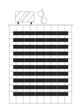 Camdan pencereleri olan çağdaş ofis kulesi. 2D çizgi nesnesi. Çatıdaki iletişim ekipmanları. Genel merkez, Clipart vektör mürekkep ana hatlarını izole etti. Tek renkli nokta illüstrasyonu