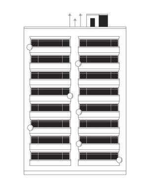 Balkon 2D hat nesneli modern apartman. Şehir mimarisi. Konut kompleksi. Emlak çok katlı konutlar izole edilmiş Clipart vektör mürekkep ana hatları öğesi. Tek renkli nokta illüstrasyonu