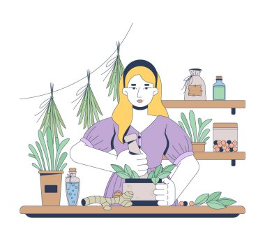 Bitkibilimci 2D vektör illüstrasyonunu hazırlıyor. Bitkisel ilaçlar. Beyaz arka planda, havan topuzlu düz karakterli Homeopati Naturopath kadın. Renkli çizgi film resmi