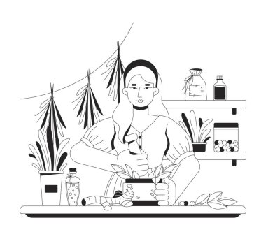 Bitkibilimci doğal çözümler hazırlıyor. Çizim çiziyor. Bitkisel ilaçlar. Havan topu 2D çizgi karakteri olan Homeopati Naturopath kadını beyaza izole edilmiş. Tek renkli vektör mürekkep çizgisel resmi