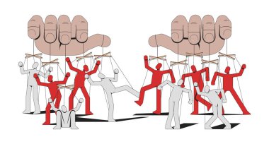 Kuklalarla totaliter manipülasyon 2D illüstrasyon konsepti. Psikolojik propaganda. İnsanları kontrol eden kuklacı beyazda izole edilmiş çizgi film karakterleri. Düz soyut vektör grafiği