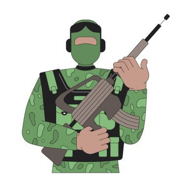 Kamuflaj üniformalı silahlı asker 2D çizgi film karakteri. Taktik teçhizatlı Afro-Amerikan askeri, beyazı izole edilmiş, muharebe tüfeği düz taşıyıcısı tutuyor. Benek illüstrasyonu renkli