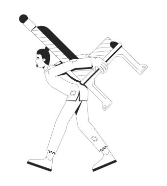 Yırtık elbiseli yorgun bir adam 2D çizgisinde kral tahtı taşıyor. Yük ağırlığıyla boğuşan erkek köylü, izole edilmiş vektör mürekkebi. Monokromatik nokta çizimi