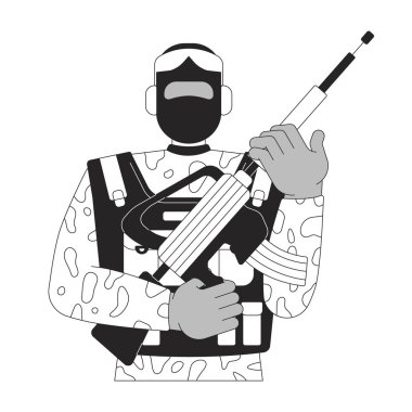 Kamuflaj üniformalı silahlı asker 2D çizgi karakteri. Taktik teçhizatlı Afro-Amerikan askeri elinde muharebe tüfeği, izole edilmiş vektör mürekkebi var. Monokromatik nokta çizimi