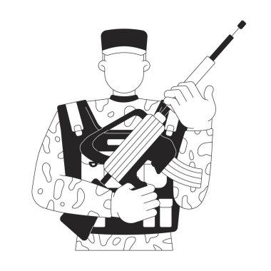 Kamuflaj üniformalı yüzü olmayan asker elinde askeri tüfek, 2D çizgi karakteri var. Savaşçı duruşu. Taktik teçhizat ordu personeli vektör mürekkebini izole etti. Monokromatik nokta çizimi