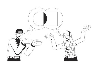 İletişim bozukluğu ve anlaşmazlık çizgisi çizimi. Kişiler arası iletişim. Çelişkili düşünce baloncuğu anahatları 2D karakterler izole insanların tartışması. Mürekkep doğrusal çizim vektör sanatı