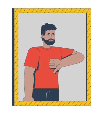 Aynadaki kızgın siyah adam 2D çizgi film karakterini onaylamıyor. Olumsuz geri besleme. Afrikalı Amerikalı tatmin olmamış düz vektör adam beyaza izole edilmiş. Benek illüstrasyonu renkli