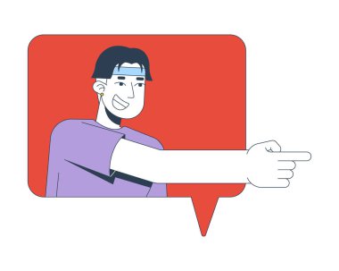 Gülen Koreli adam konuşma baloncuğu 2D çizgi film karakterini işaret ediyor. Gülüyor, alay ediyor. Neşeli Asyalı adam beyaza izole edilmiş düz vektör mesajı atıyor. Benek illüstrasyonu renkli