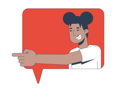 Gülen siyah kadın 2D çizgi film karakterinde solu işaret ediyor. Alaycı, alaycı, sırıtan Afro-Amerikan kadın, beyaz üzerine izole edilmiş düz vektör mesajı. Benek illüstrasyonu renkli