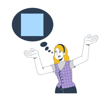 Hayal kırıklığına uğramış sarışın kadın düşünce baloncuğu 2D çizgi film karakteri ile kollarını kaldırıyor. Yanlış anlaşılma. İletişim sorunu. Beyaz üzerinde izole edilmiş düz vektör insan açıklanıyor. Benek illüstrasyonu renkli