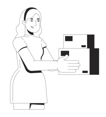 Sarışın kadın müşteri paket teslimatı yapıyor. 2D çizgi karakteri. Çevrimiçi alışveriş, ekommerce. Sipariş yerine getirilmesi. Kutuları olan kız, vektör mürekkebi karakterini izole etti. Monokromatik nokta çizimi