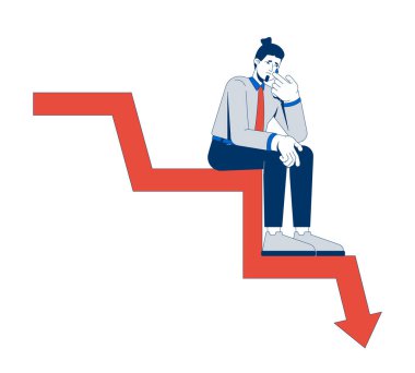 Sıkıntılı işadamı, düşen ok grafiği 2D illüstrasyon konseptinde oturuyor. Finansal kayıp, ekonomik kriz. Gözyaşı karikatürü silen adam beyaza izole edilmiş. Düz soyut vektör grafiği