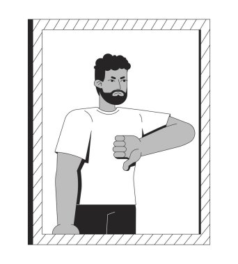 Aynadaki kızgın siyah adam 2D çizgi karakterini onaylamıyor. Olumsuz geri besleme. Afro-amerikalı adam, izole edilmiş vektör mürekkebi çizen kişi. Monokromatik nokta çizimi