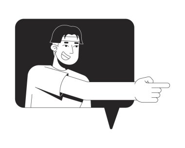 Gülen Koreli adam konuşma baloncuğu 2D çizgi karakterini işaret ediyor. Gülüyor, alay ediyor. Neşeli Asyalı adam mesaj atıp vektör mürekkebi karakterini izole etti. Monokromatik nokta çizimi