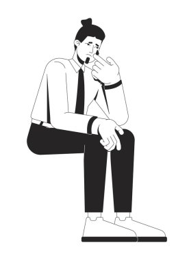 Üzgün bir işadamı oturmuş, gözyaşı dökerek 2D çizgi karakterini siliyor. Şirket ağlıyor. Ağlayan suratlı, izole edilmiş vektör mürekkebi olan stresli bir erkek profesyonel. Monokromatik nokta çizimi