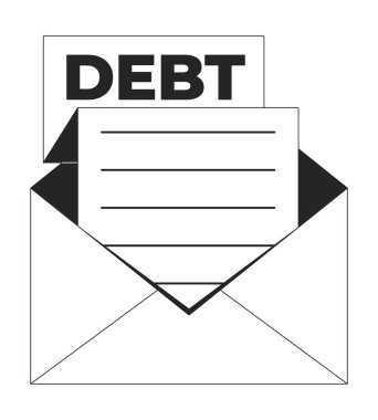 Zarf içinde borç mektubu 2D çizgi nesnesi. Gecikmiş ödemeler. Finansal zorunluluk. Ekonomik zorluklar. Ödenmemiş fatura. Alacaklı fatura izole edilmiş Clipart vektör ana hatları ögesi. Tek renkli nokta illüstrasyonu