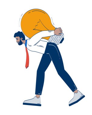 Profesyonel siyahi adam 2B karalama karakterinde dev bir ampul taşıyor. Ampulle boğuşan iş adamı beyaz üzerine izole edilmiş karikatür insan vektörü çiziyor. El çizimi illüstrasyon renkli