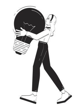 Profesyonel sarışın kadın dev bir ampul taşıyor çizgi film karakteri. 2D vektör ana hatlarıyla izole edilmiş yaratıcı kadın çalışan. El çizimi illüstrasyon monokrom