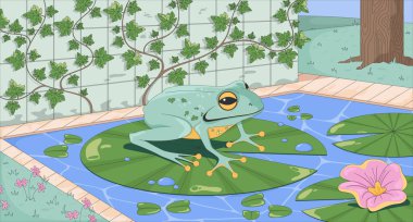 Sarmaşık duvarlı duvar kâğıdına karşı havuzda, nilüfer yaprağında huzurlu bir kurbağa. Nilüfer çiçeği kurbağası. Lilypad 2D karikatür düz çizim üzerinde amfibi. Estetik arkaplan için vektör sanatı resmi